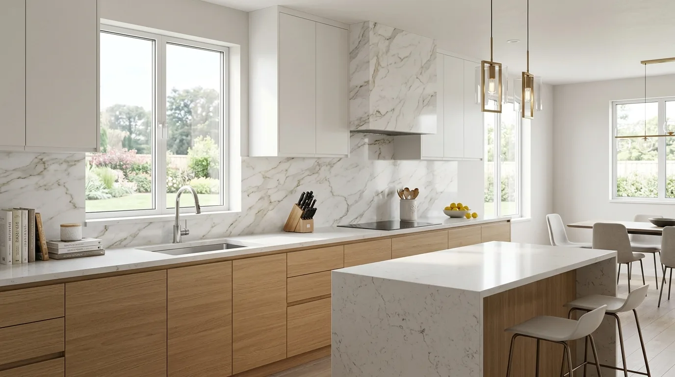 DIY peel-and-stick marble backsplash in a modern kitchen